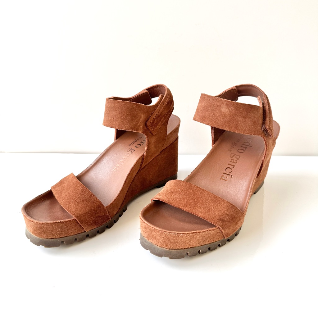 Pedro Garcia Josette Brown Suede Platform Ankle Strap Wedge Sandals Size 37/7 Us